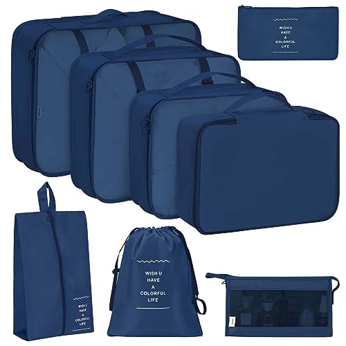 KPX 8 Set Packing Cubes for Travel, Luggage Packing Organizers Accessories Large Toiletries Bag for Clothes Shoes Cosmetics (Navy Blue) - color: 8Set-Navy Blue