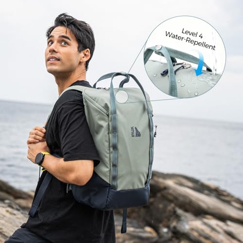 INUK Laptop Backpack for College Students & Work, 25L Lightweight Waterproof Backpack for Business Travel, Hiking Daypack with Padded Sleeve and Safety Whistle, Made from Recycled Materials，Sage Leaf