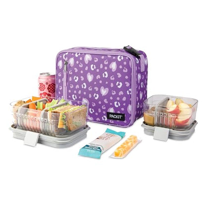 PackIt Freezable Classic Lunch Box, Leopard Hearts Purple, Built with EcoFreeze Technology, Collapsible, Reusable, Zip Closure With Front Pocket and Buckle Handle, Designed for Fresh Lunch On the Go - color: Leopard Hearts Purple