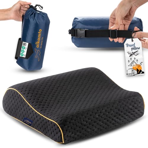 alkamto Travel & Camping Comfortable Memory Foam Pillow – Easy to Carry Portable Bag – Temperature Regulating Pillow Case (Black Contour) - size: Black Contour Travel