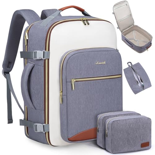 LOVEVOOK 40L Travel Backpack for Women & Men, Airline Approved Carry On Luggage with 3 Packing Cubes, TSA Overnight Bags, Waterproof Personal Item Bag, Weekender Essentials Backpacks fits 17" Laptop - color: Grey-beige-brown, size: Large