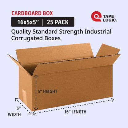 TAPE LOGIC 16 x 5 x 5 Corrugated Cardboard Boxes, Long 16"L x 5"W x 5"H, Pack of 25 | Shipping, Packaging, Moving, Storage Box for Home or Business, Strong Wholesale Bulk Boxes - size: 16" x 5" x 5"
