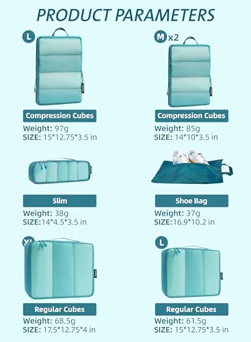 Bagail Ultralight Compression Cubes 7 Set - 3 Packing Cubes, 3 Organizers, and 1 Shoe Bag - color: Teal, style: Mesh Pattern