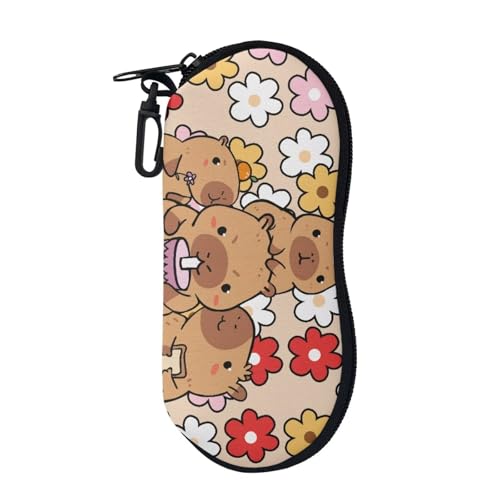 AFPANQZ Glasses Case with Carabiner Hanging Portable Neoprene Zipper Sunglasses Case Soft Lightweight - color: Capybara Hippie Flower