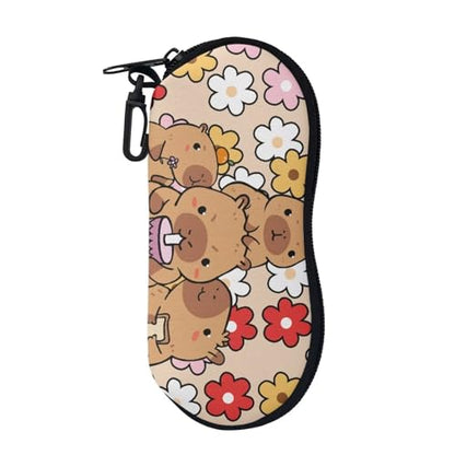 AFPANQZ Glasses Case with Carabiner Hanging Portable Neoprene Zipper Sunglasses Case Soft Lightweight - color: Capybara Hippie Flower