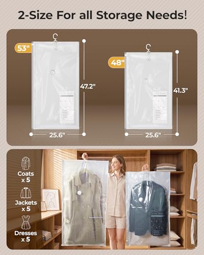 BAGSMART 4 Pack Hanging Vacuum Storage Bags for Clothes, Space Saver Bags for Closet Organization, Air-tight Vacuum Sealer Bags for Heavy Coats, Suits, Dresses, Jackets, Hand Pump Included - size: 4 Combo Hanging