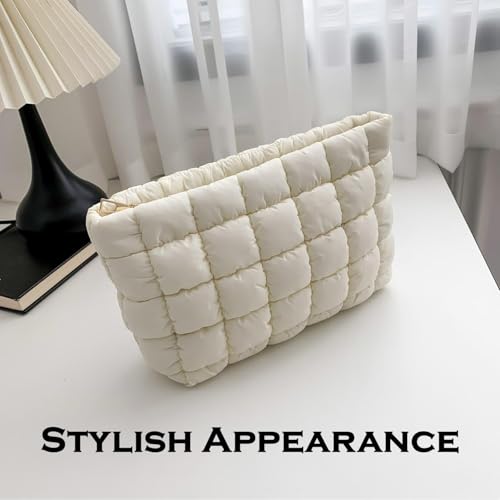 Puffy Quilted Makeup Bag for Women, Cosmetic Bag, Travel Toiletry Organizer Pouch Clutch (white) - color: white