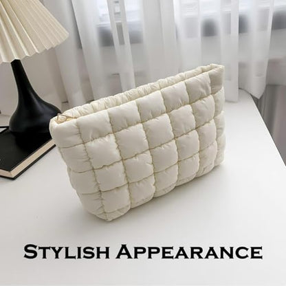 Puffy Quilted Makeup Bag for Women, Cosmetic Bag, Travel Toiletry Organizer Pouch Clutch (white) - color: white