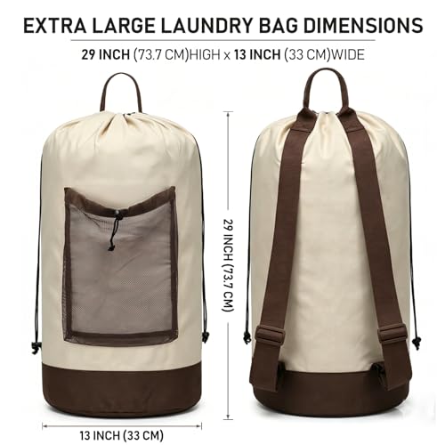 Canvans Laundry Bag Backpack, Large Travel Laundry Bag with Shoulder Straps, Drawstring Closure & Mesh Pocket, Clothes Hamper for Dorm, Travel, Laundromat (Khaki) - color: Khaki