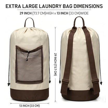 Canvans Laundry Bag Backpack, Large Travel Laundry Bag with Shoulder Straps, Drawstring Closure & Mesh Pocket, Clothes Hamper for Dorm, Travel, Laundromat (Khaki) - color: Khaki
