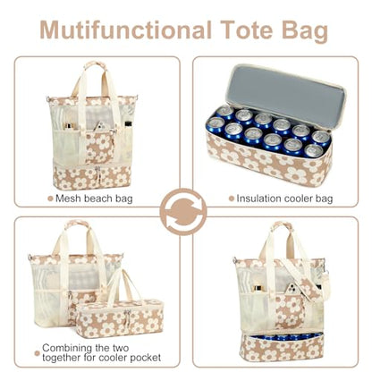 Bluboon Mesh Beach Tote Bag with Cooler Compartment Insulated Detachable Picnic Bag with Zipper and Pocket Pool Bag for Women - color: A-big Flower 157