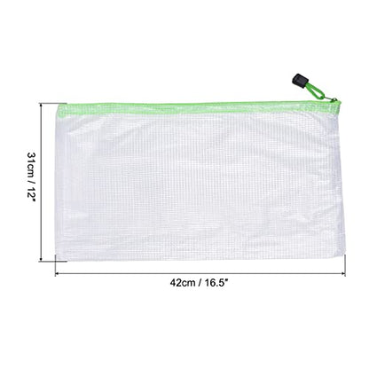 MECCANIXITY Mesh Zipper Bags, A3 Size Plastic Zip File Pouch Document Folders for Home Office Travel, Green Pack of 3 - color: Green