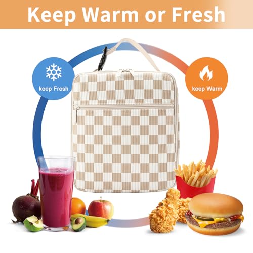 Lunch Box for Women Men Adult Insulated Lunch Bag Women Men Small Reusable Lunchbox for Work Picnic Travel (Beige-Brown Plaid) - color: Beige-Brown Plaid