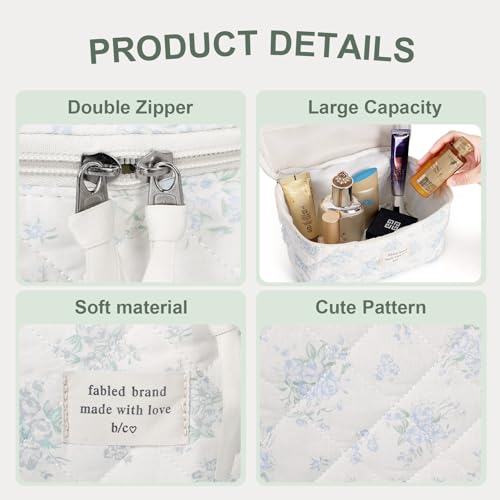 GISMTR 3Pcs Cotton Quilted Makeup Bag Large Travel Cosmetic Bag Coquette Makeup Pouch Cute Aesthetic Floral Toiletry Bag for Women Girls (flower-T) - color: flower-T