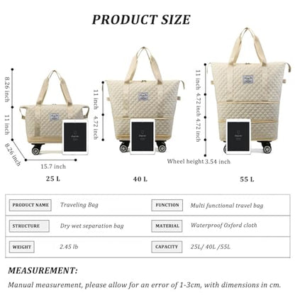 DOJUNS Rolling Duffle Bag with Wheels,Expandable Foldable Duffle Bag,Detachable Rolling Wheels,Rolling Luggage Bag Carry on Duffel Bag,Wheeled Travel Duffle Bag,Gift for Wife and Parents - color: White