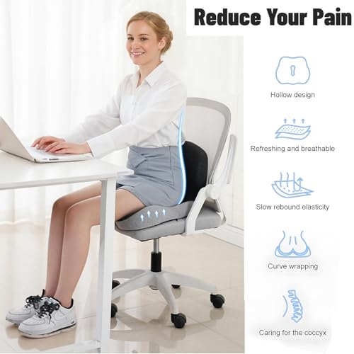 Ergonomic Seat Cushion for Back Pain & Sciatica Relief – Memory Foam Chair Pad for Office Chairs Wheelchair Car & Truck Drivers – Non-Slip Design for Long Sitting Comfort (Black)