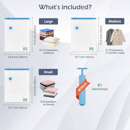AKLL7S Vacuum Storage Bags, 13 Combo Space Saver Bags (3 Large, 5 Medium, 5 Small) with Hand Pump, Vacuum Seal Bags for Clothing, Comforters, Blankets, Travel - size: 13 Combo+1 Hand Pump