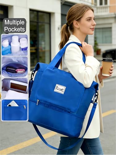 Foldable Travel Duffel Bag for Women, 40L Expandable Carry on Bag Personal Item Flight Approved, Lightweight Water Resistant Overnight Weekender Bag with Wet Pocket for Gym Travel, Blue - color: Blue