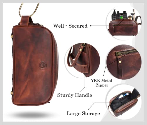 10" Premium Leather Toiletry Travel Pouch With Waterproof Lining | King-Size Handcrafted Vintage Dopp - Kit By Aaron Leather Goods (Dark Brown) - color: Dark Brown