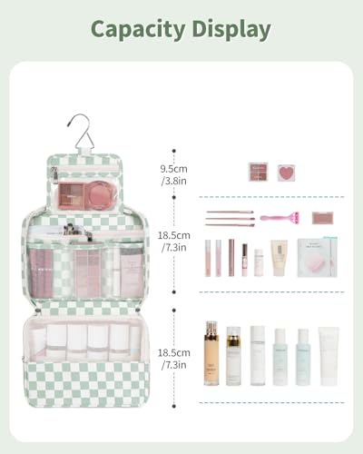 Narwey Small Hanging Travel Toiletry Bag for Women, Travel Bag for Toiletries, Makeup Bag Organizer Cosmetic Bags Make Up Bags for Girls - color: ZA-Mint Green Checkerboard