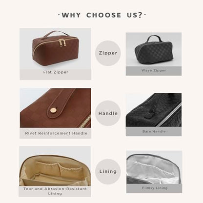 Travel Makeup Bag – Large Cosmetic Organizer with Waterproof PU Leather, Smooth Double Zipper & Tear-Resistant Lining, Toiletry Pouch for Women (Brown) - color: 02-Brown
