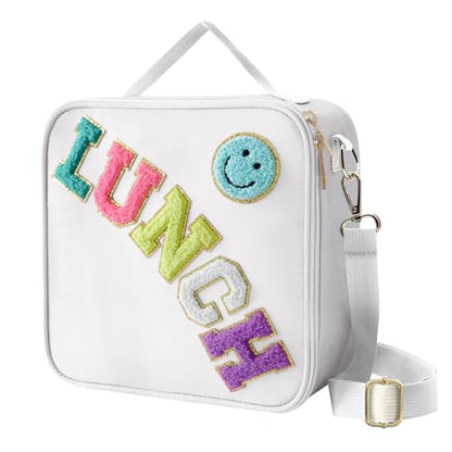 Insulated Lunch Bag With Adjustable Shoulder Strap, Nylon Preppy Lunch Box Large Insulated Lunch Bag Reusable Lunch Tote Bag with Smiley Preppy LunchBag for Girls School Travel Picnic (White) - color: White