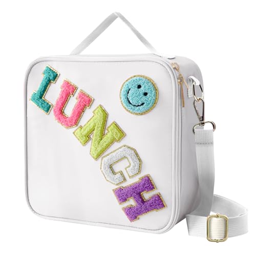 Insulated Lunch Bag With Adjustable Shoulder Strap, Nylon Preppy Lunch Box Large Insulated Lunch Bag Reusable Lunch Tote Bag with Smiley Preppy LunchBag for Girls School Travel Picnic (White) - color: White