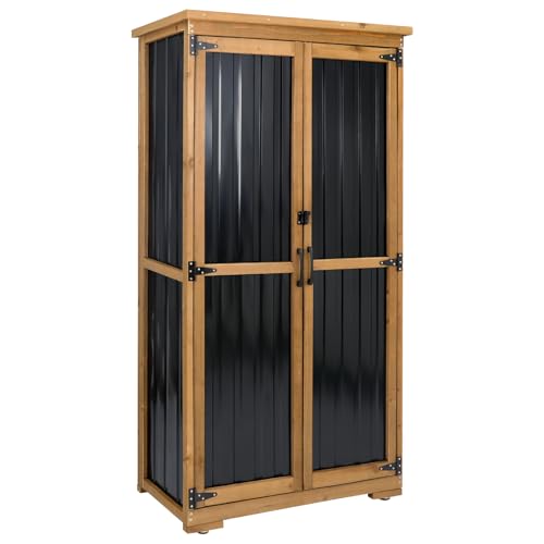 Ketive Outdoor Storage Cabinet, Tall Tool Garden Cabinet with Weather-Resistant Roof, Double Lockable Doors, 3 Removable Shelves & Adjustable Feet, for Patio, Garden, Backyard, 32" x 15.5" x 66" - color: Black, size: 32" x 16" x 66"