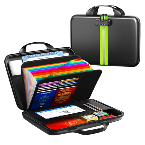 Fireproof Document Organizer with Lock, Rigid EVA File Box with 13-Pocket Accordion Folder for Important Documents & Tablets under 11", Lightweight Safe Storage for Home, Office & Travel (Small Size) - color: B-Fluorescent green