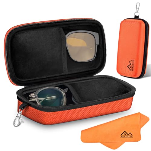 Large Double Eyeglasses Case, Shockproof Hard EVA Shell Dual Sunglasses Organizer with Zipper & Metal Hanging Hook, Travel Glasses Storage Case for Men and Women - Orange