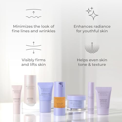 Meaningful Beauty Travel Size 7-Piece Starter Kit, Deluxe Face & Neck Skincare Gift Set for Women – Cleanser, Melon Serum, Day Crème SPF 30, Retinol Night Crème, Eye Crème, Neck SPF 15