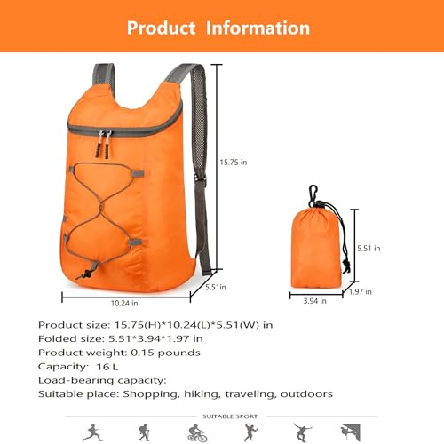 levayhill 16L Foldable Hiking Backpack,Small Packable Daypack,Orange | Lightweight ,Outdoor Collapsible Rucksack,Ultralight Folding Back Pack, Water Repellent, Men Women Travel Gym, Easy Carry-on - color: Orange