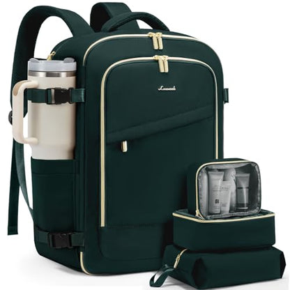 LOVEVOOK 40L Travel Backpack for Women, Carry On Flight Approved, Large Personal Item Bag, Fits 17 Inch Laptop, TSA Approved Luggage with 3 Packing Cubes, Waterproof Weekender Gym Backpack - color: Deepgreen, size: 40L