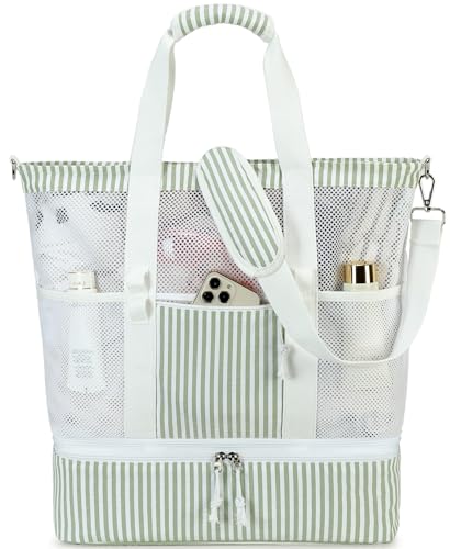 Bluboon Mesh Beach Tote Bag with Cooler Compartment Insulated Detachable Picnic Bag with Zipper and Pocket Pool Bag for Women - color: A-sage Green White Vertical Stripes