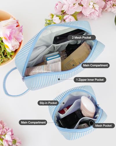 2Pcs Mini Makeup Bag, Small Makeup Pouches for Purse Cute Cosmetics Bag Pouch with Slip-in Pockets Small Travel Toiletry Bag Zipper Makeup Aesthetic Accessories Storage Bag - color: 0-Blue Set