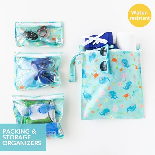 Bumkins - Waterproof Wet Bag & Clear Travel Bags - For Beach, Baby, Travel, Swim Suit, Cloth Diapers, Pump Parts, Pool, Gym, Toiletries - Reusable & Easy to Clean - Ocean Life Blue - 4 Pack - color: B1 Ocean Life