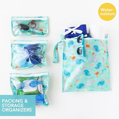 Bumkins - Waterproof Wet Bag & Clear Travel Bags - For Beach, Baby, Travel, Swim Suit, Cloth Diapers, Pump Parts, Pool, Gym, Toiletries - Reusable & Easy to Clean - Ocean Life Blue - 4 Pack - color: B1 Ocean Life