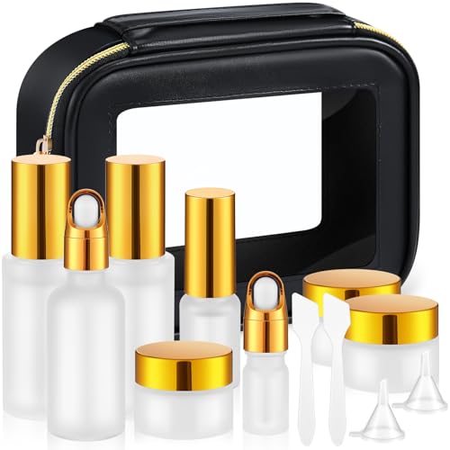 Jingmore 13 Pcs Glass Skincare Travel Containers Mini Makeup Containers Travel Size Toiletries Bottles with Pump Spray and PU Leather Toiletry Bag for Liquid Serum Cream Moisturizers Oils(Gold) - color: Gold