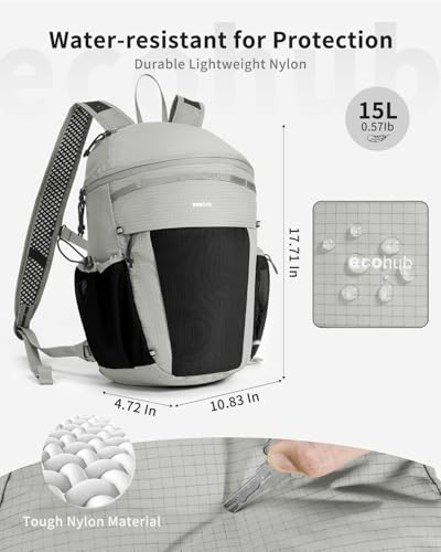 ECOHUB 15L Lightweight Casual Daypack, Packable Backpack for Daily Use, Hiking & Travel, Foldable Small Backpack with Stretch Mesh Pockets, Water-Resistant Nylon, Reflective Design - color: Grey