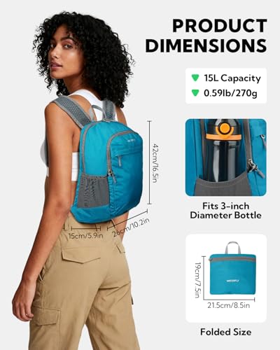 WATERFLY Packable Lightweight Small Backpack: 15L Foldable Mini Hiking Daypack - Ultralight Compact Day Pack for Women Men Outdoor Travel Camping Walking - Blue - color: Blue