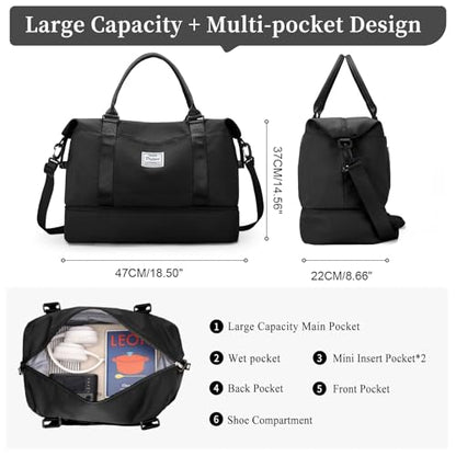 Weekender Bags for Women,Personal Item Travel Bag with Shoes Compartment,Overnight Travel Duffel Bag with Toiletry Bag - color: Black, size: Large