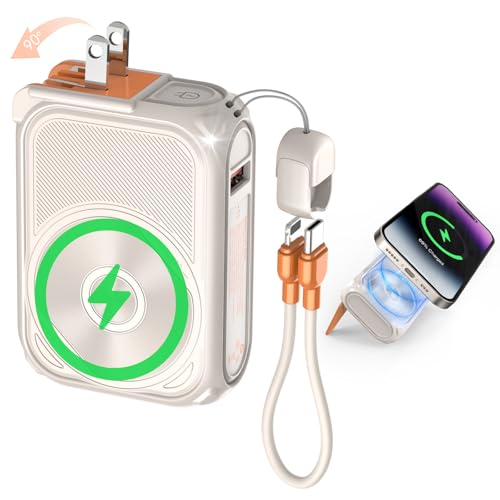 P05 Magnetic Portable Charger, 6-in-1 Power Bank with AC Wall Plug Built in Cable,10000mAh Wireless PowerBank Travel Essentials 22.5W Fast Charging for iPhone,Samsung,Andriod,Small Portable Charger - color: Cream Yellow