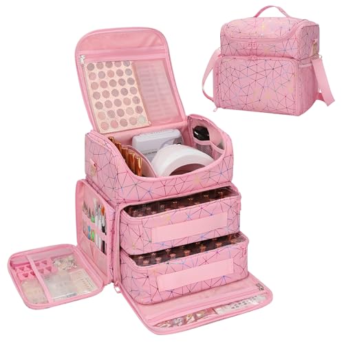 CUBETASTIC Extra Large Nail Polish Organizer Case Holds 86 to 100+ Bottles Nail Polish & Nail Lamp, Nail Supplies Storage Carrying Bag with 2 Removable Pouches (Triangle Pink, 86 Slots) - color: Triangle Pink, size: 86 Slots