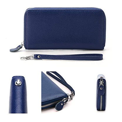 Moflycom Womens Wallet RFID Blocking Genuine Leather Zip Around Wallet Clutch Wristlet Travel Long Purse for Women - color: Blue