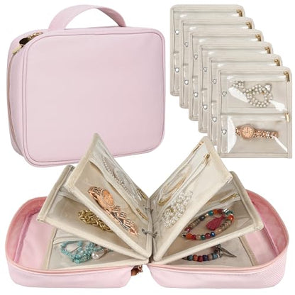 Travel Jewelry Organizer Case,Small Jewelry Bags for Traveling, Jewelry Binder with 24 Pcs Clear Zipper Velvet Pouches (Pink) - color: Pink