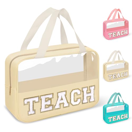 izuzta Teacher Appreciation Gifts TEACH Chenille Letter Clear Makeup Bag Pouch, Monogram Teacher Supplies Zipper with Handle Travel Cosmetic Bag Graduation Retirement Gifts for Women(TEACH-Beige) - color: TEACH-Beige