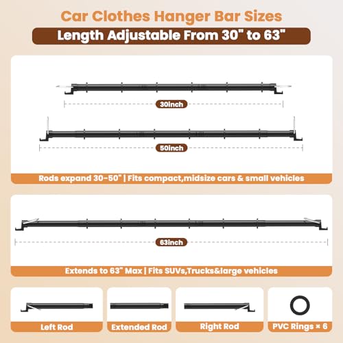 Car Hanging Accessories,Travel Hangers,Telescopic Adjustable 30-63 Inches for Compact & midsize Cars,Automotive,SUVs,Trucks,Black