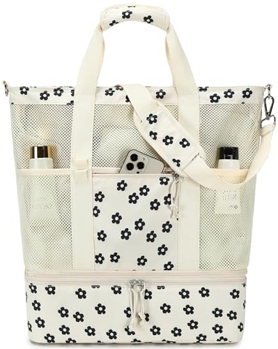 Bluboon Mesh Beach Tote Bag with Cooler Compartment Insulated Detachable Picnic Bag with Zipper and Pocket Pool Bag for Women - color: Black Floral Beige
