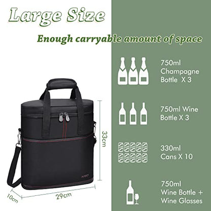 Tirrinia Insulated Wine Gift carrier - 3 Bottle Travel Padded Wine Carry Cooler Tote Bag with Handle and Adjustable Shoulder Strap, Black - color: Black