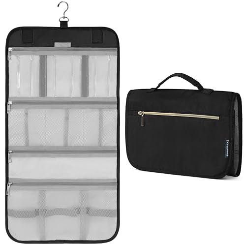 PAVILIA Hanging Toiletry Bag for Women Men, Large Foldable Toiletries Organizer with Hook, Water-Resistant Makeup Cosmetic Rollup Case, Clear Pockets for Bathroom, Gym, Cruise (Black) - color: Black
